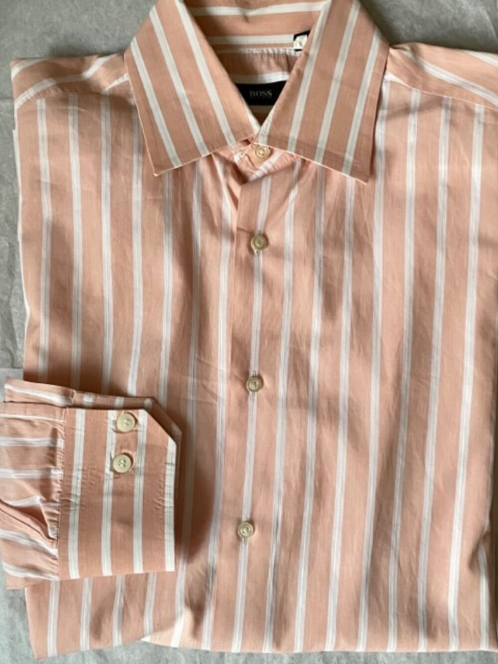 Men's Hugo Boss long sleeve white & peach striped shirt Sz 16  34/35